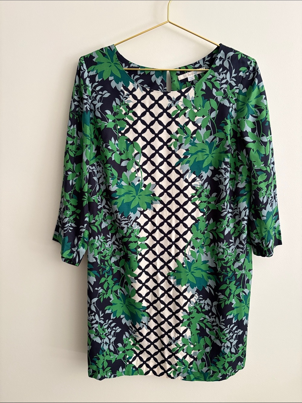 Boden Eliza Silk Blend Shift Dress Navy White Green Floral Lattice Print Size 12
